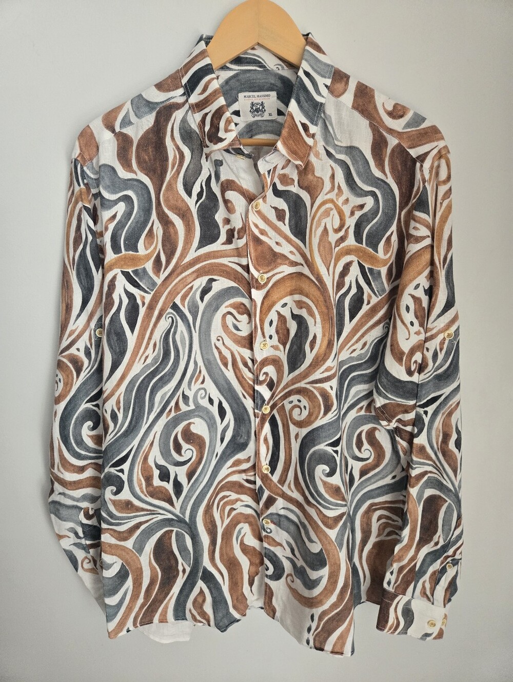 MARCEL MASSIMO Long-Sleeve Linen Shirt in Brown & Gray Button-Up - Picture 3 of 15